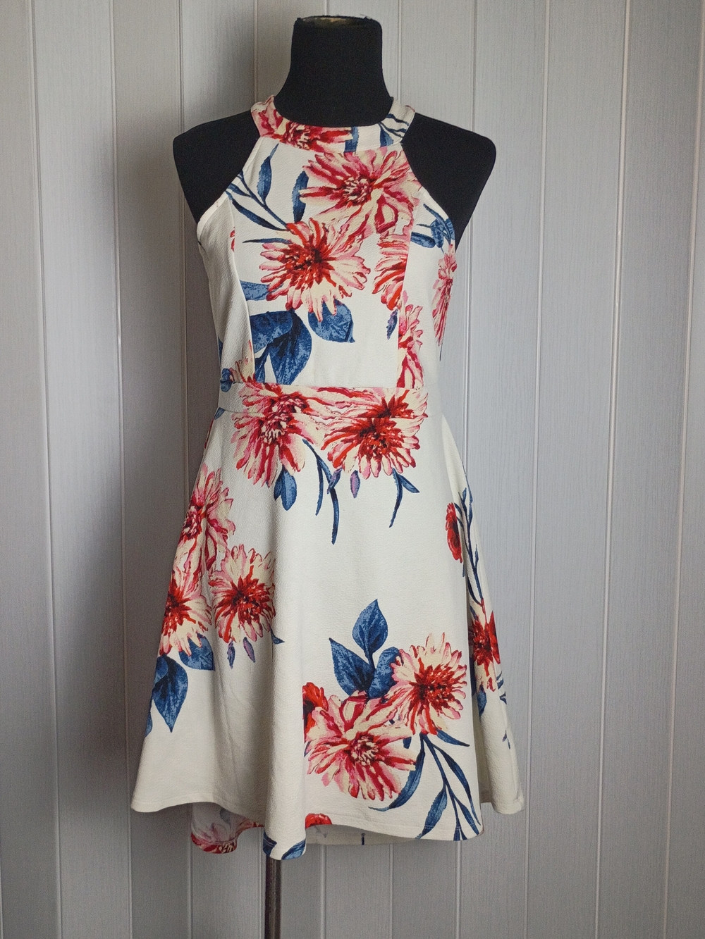 Almost Famous Cream Floral Fit & Flare Dress with Coral and Blue Accents